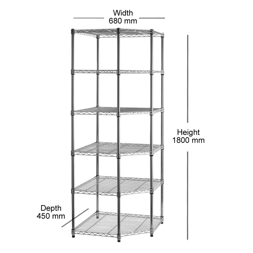 2 x 6 Tier Chrome Wire Shelving Units with 1 x Corner Unit - H1800 x W1880 (each side) x D450mm