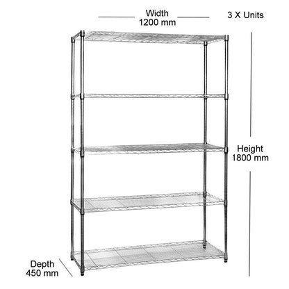 4 x 5 Tier Chrome Wire Shelving Units - H1800 x D450mm