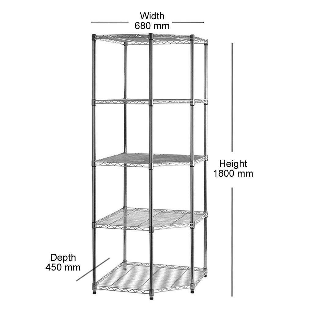 5 Tier Chrome Wire Shelving Corner Unit - H1800 x W680 x D450mm