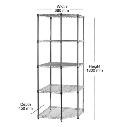 5 Tier Chrome Wire Shelving Corner Unit - H1800 x W680 x D450mm