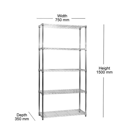 5 Tier Light Duty Narrow Chrome Wire Shelving Unit - H1500 x W750 x D350mm