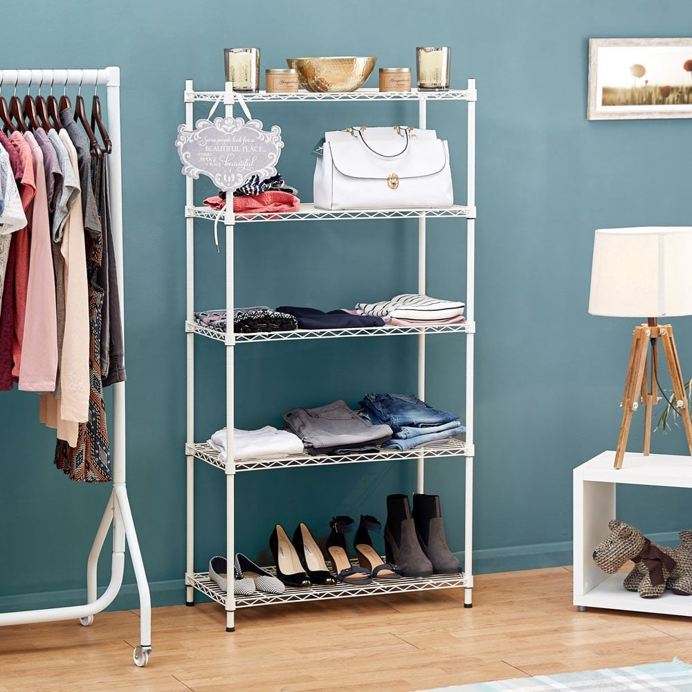 5 Tier Narrow Light Duty White Wire Shelving Unit - H1500 x W750 x D350mm