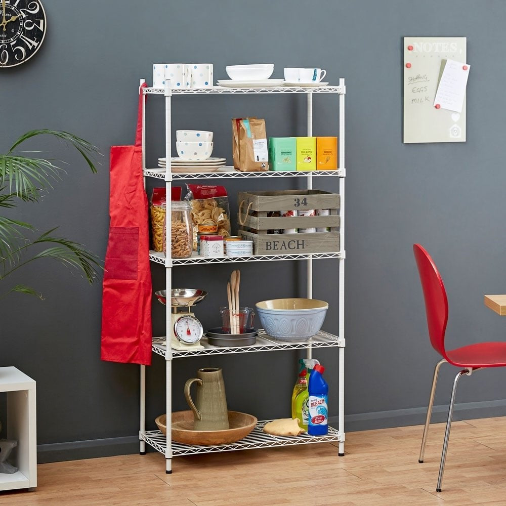 5 Tier Narrow Light Duty White Wire Shelving Unit - H1500 x W750 x D350mm