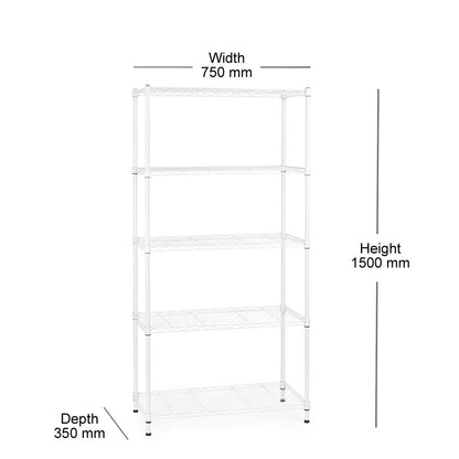 5 Tier Narrow Light Duty White Wire Shelving Unit - H1500 x W750 x D350mm