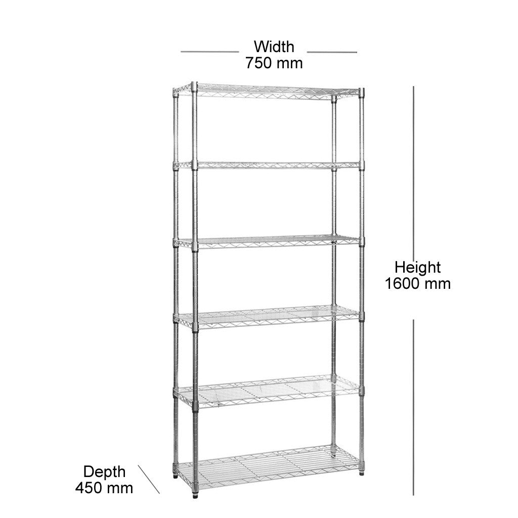 6 Tier Narrow Chrome Wire Shelving Unit - H1600 x W750 x D350mm