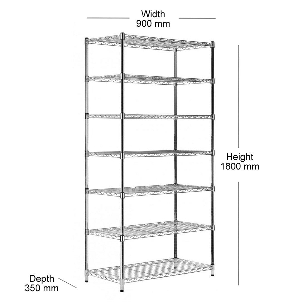 7 Tier Narrow Chrome Wire Shelving Unit - H1800 x D350mm