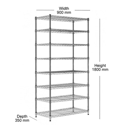 8 Tier Narrow Chrome Wire Shelving Unit - H1800 x D350mm