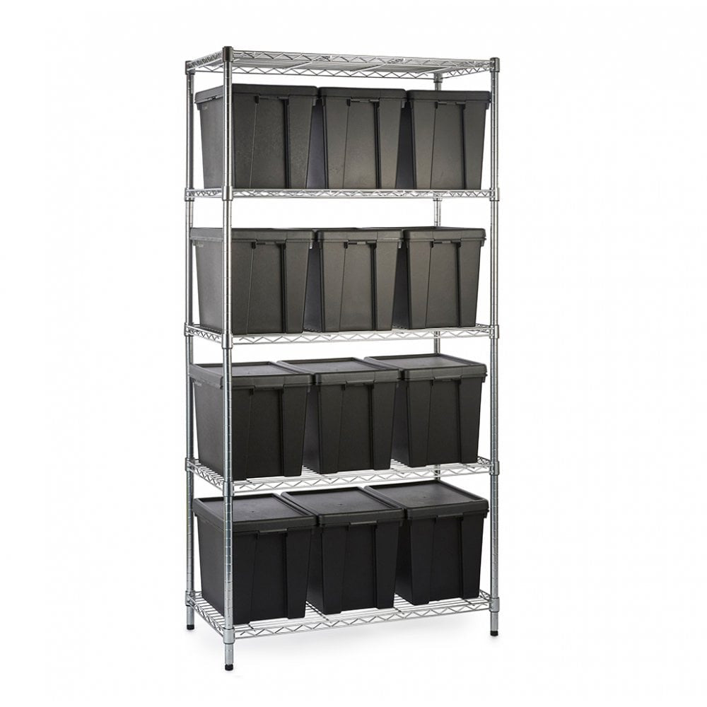 Heavy Duty Chrome Wire Shelving Unit plus 12 Black Storage Boxes - H1800 x W900 x D450mm
