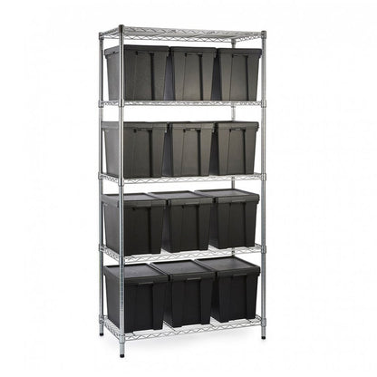 Heavy Duty Chrome Wire Shelving Unit plus 12 Black Storage Boxes - H1800 x W900 x D450mm