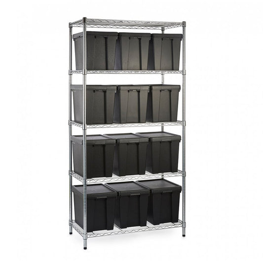 Heavy Duty Chrome Wire Shelving Unit plus 12 Black Storage Boxes - H1800 x W900 x D450mm
