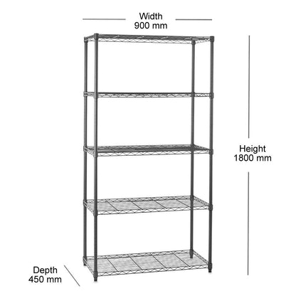 Heavy Duty Chrome Wire Shelving Unit plus 12 Black Storage Boxes - H1800 x W900 x D450mm