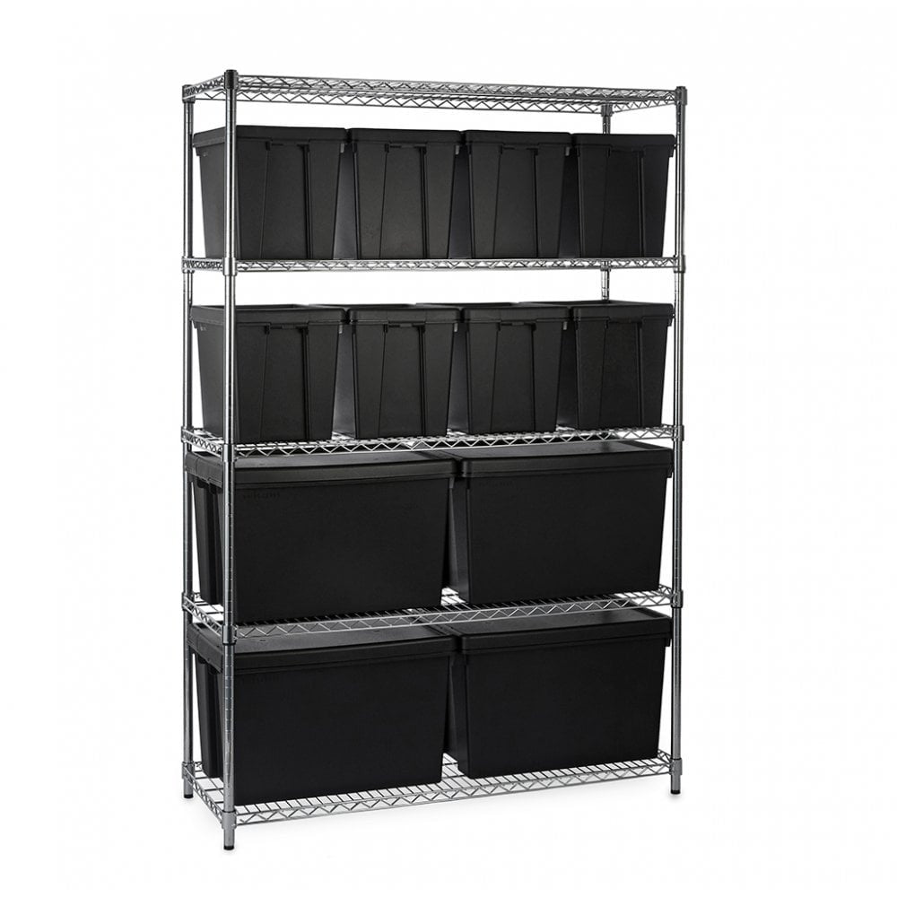 Heavy Duty Chrome Wire Shelving Unit plus 12 Black Storage Boxes - H1800 x W1200 x D450mm