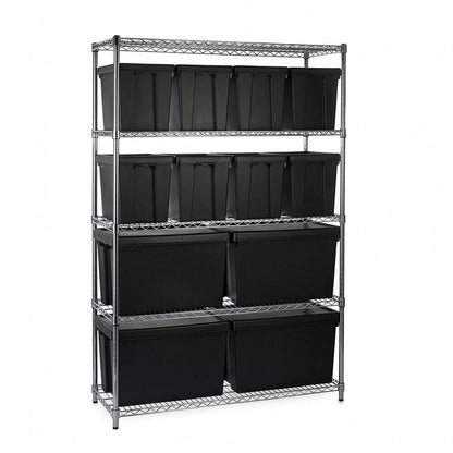 Heavy Duty Chrome Wire Shelving Unit plus 12 Black Storage Boxes - H1800 x W1200 x D450mm