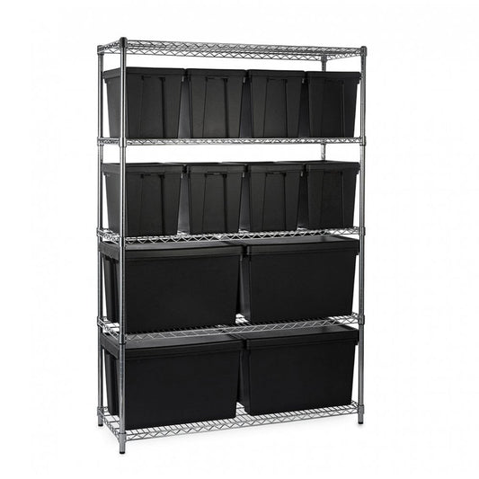 Heavy Duty Chrome Wire Shelving Unit plus 12 Black Storage Boxes - H1800 x W1200 x D450mm