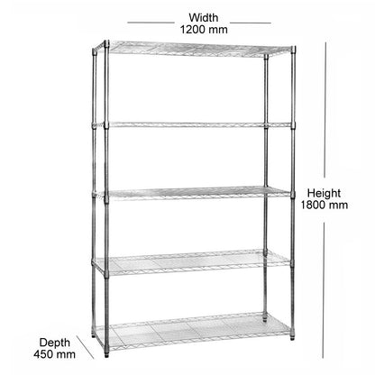 Heavy Duty Chrome Wire Shelving Unit plus 12 Black Storage Boxes - H1800 x W1200 x D450mm