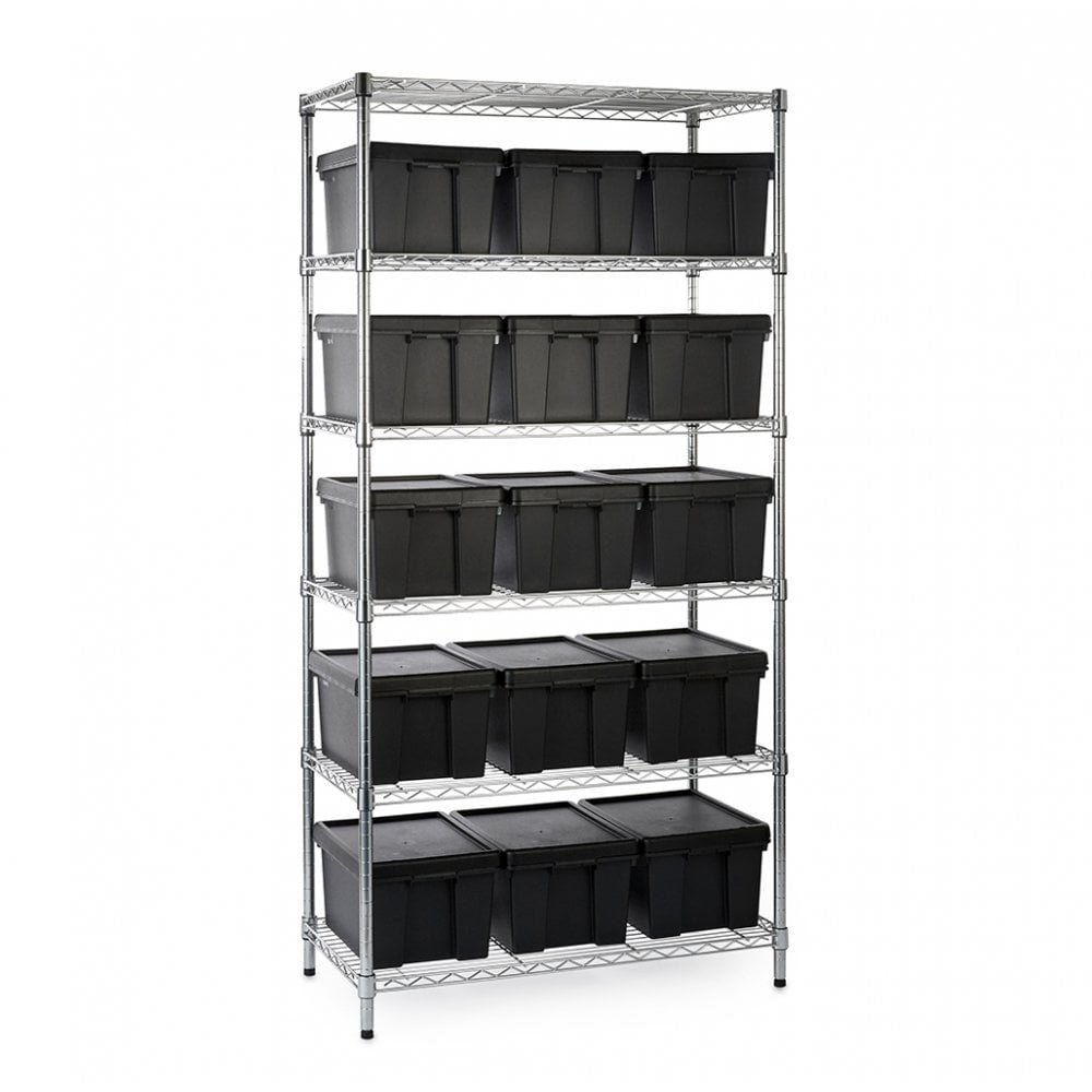 Heavy Duty Chrome Wire Shelving Unit plus 15 Black Storage Boxes - H1800 x W1200 x D450mm