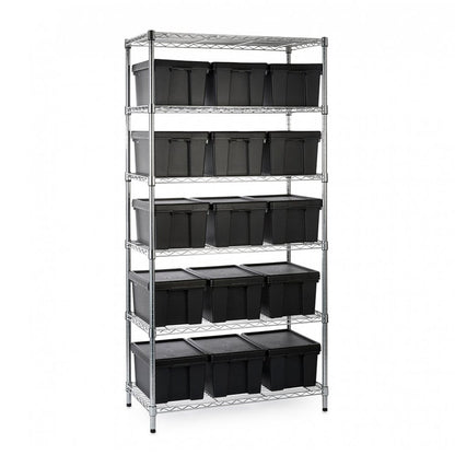 Heavy Duty Chrome Wire Shelving Unit plus 15 Black Storage Boxes - H1800 x W1200 x D450mm