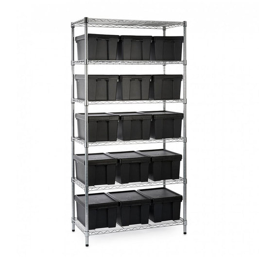 Heavy Duty Chrome Wire Shelving Unit plus 15 Black Storage Boxes - H1800 x W1200 x D450mm
