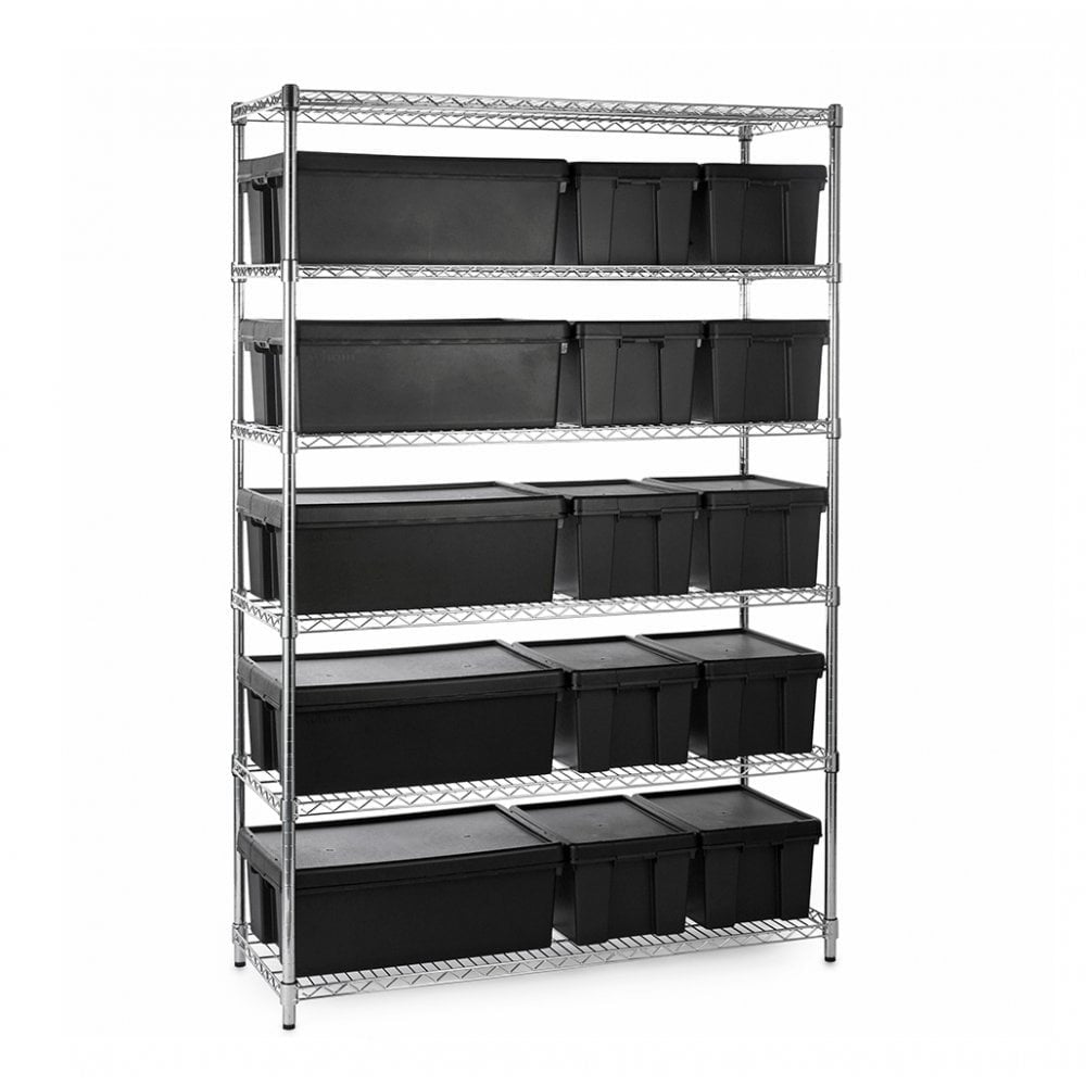 Heavy Duty Chrome Wire Shelving Unit and 15 Black Storage Boxes - H1800 x W1200 x D450mm
