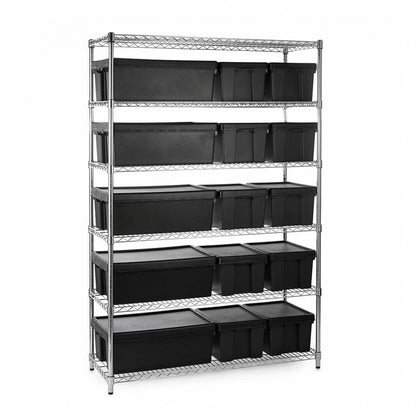 Heavy Duty Chrome Wire Shelving Unit and 15 Black Storage Boxes - H1800 x W1200 x D450mm