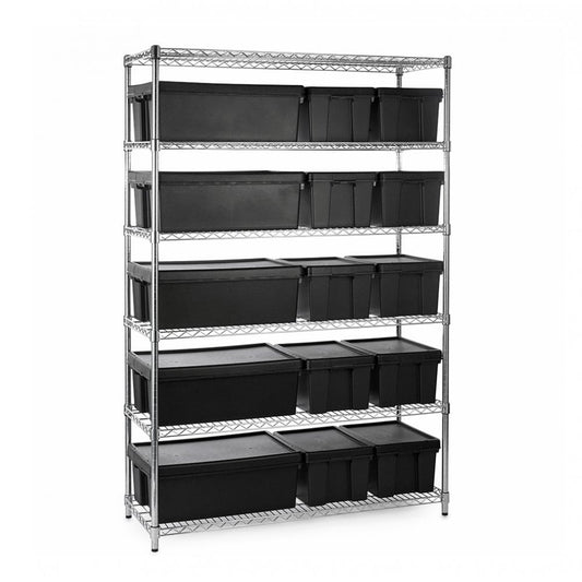 Heavy Duty Chrome Wire Shelving Unit and 15 Black Storage Boxes - H1800 x W1200 x D450mm