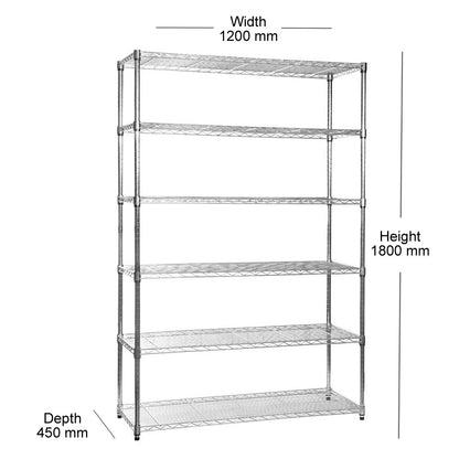 Heavy Duty Chrome Wire Shelving Unit and 15 Black Storage Boxes - H1800 x W1200 x D450mm