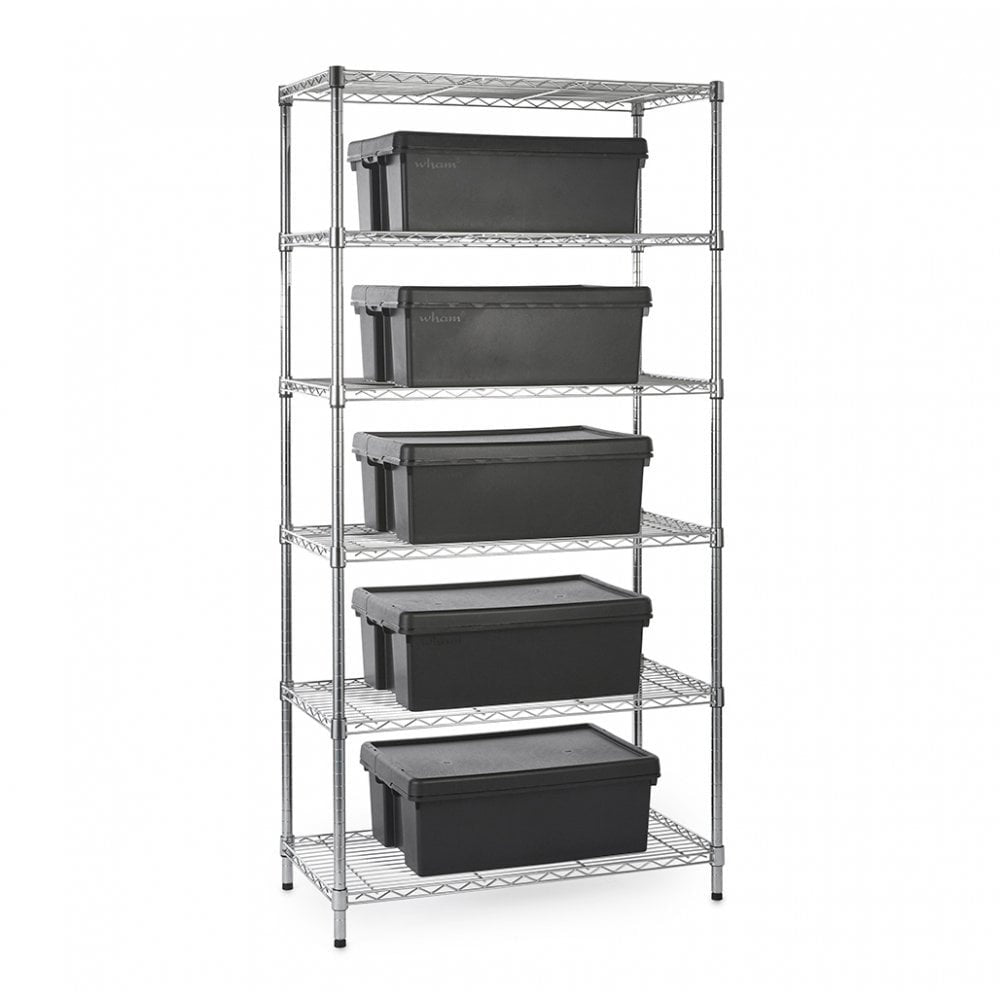 Heavy Duty Chrome Wire Shelving Unit plus 5 Black Storage Boxes - H1800 x W900 x D450mm