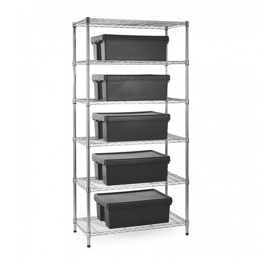 Heavy Duty Chrome Wire Shelving Unit plus 5 Black Storage Boxes - H1800 x W900 x D450mm