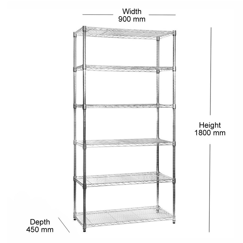 Heavy Duty Chrome Wire Shelving Unit plus 5 Black Storage Boxes - H1800 x W900 x D450mm