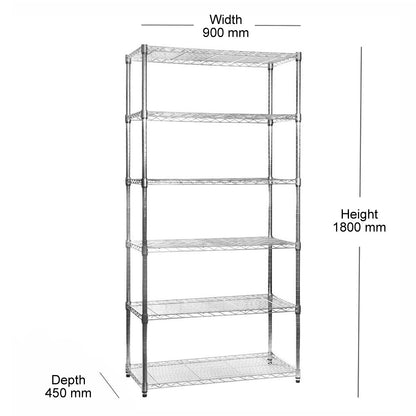 Heavy Duty Chrome Wire Shelving Unit plus 5 Black Storage Boxes - H1800 x W900 x D450mm