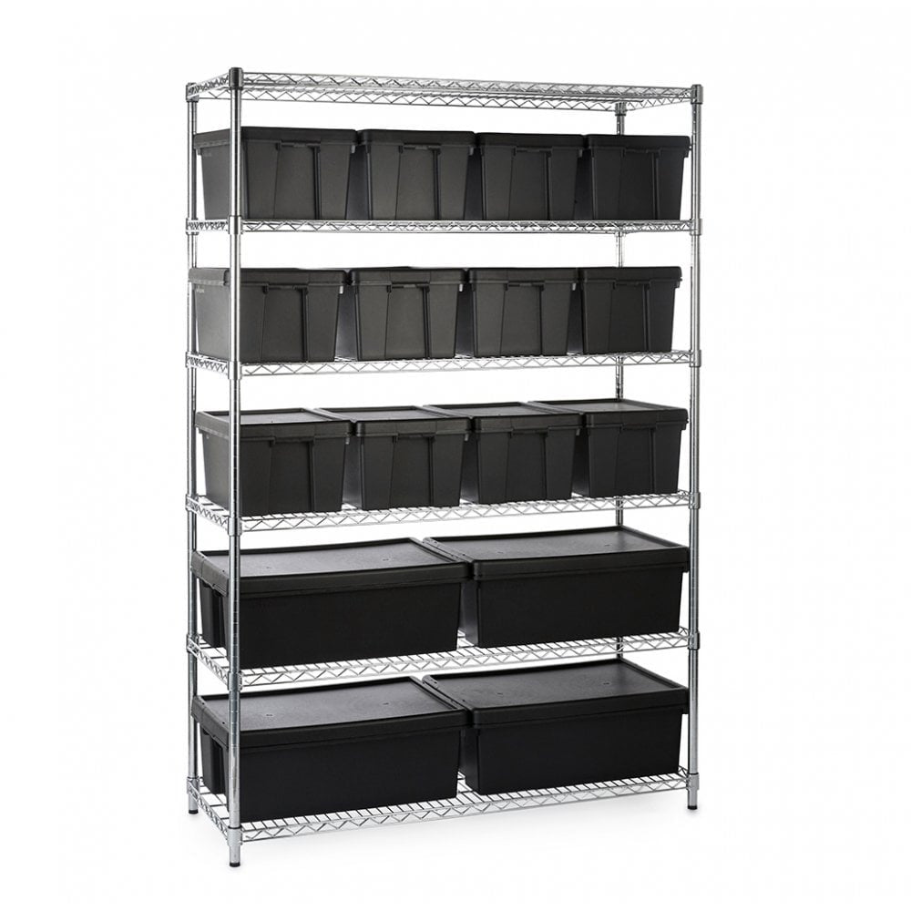 Heavy Duty Chrome Wire Shelving Unit and 16 Black Storage Boxes - H1800 x W1200 x D450mm