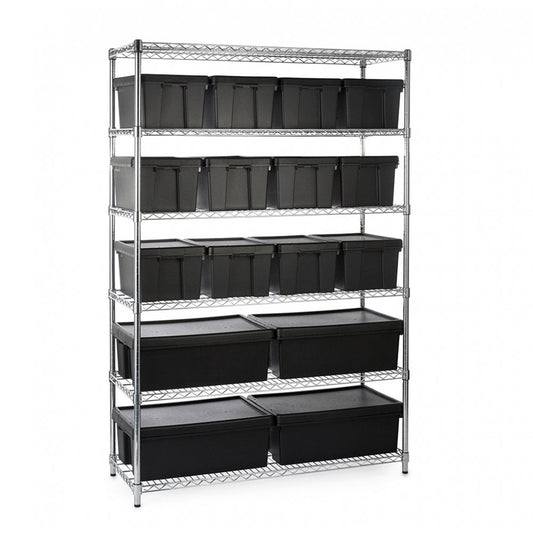 Heavy Duty Chrome Wire Shelving Unit and 16 Black Storage Boxes - H1800 x W1200 x D450mm