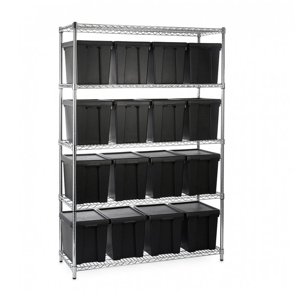 Heavy Duty Chrome Wire Shelving Unit plus 16 Black Storage Boxes - H1800 x W1200 x D450mm