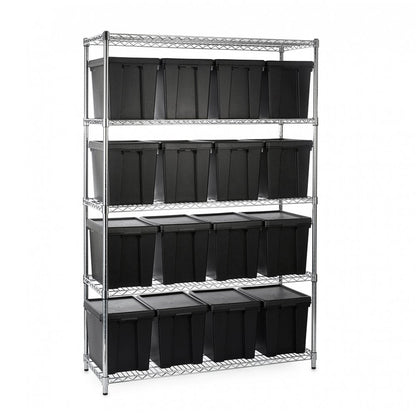 Heavy Duty Chrome Wire Shelving Unit plus 16 Black Storage Boxes - H1800 x W1200 x D450mm