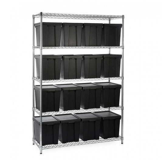 Heavy Duty Chrome Wire Shelving Unit plus 16 Black Storage Boxes - H1800 x W1200 x D450mm