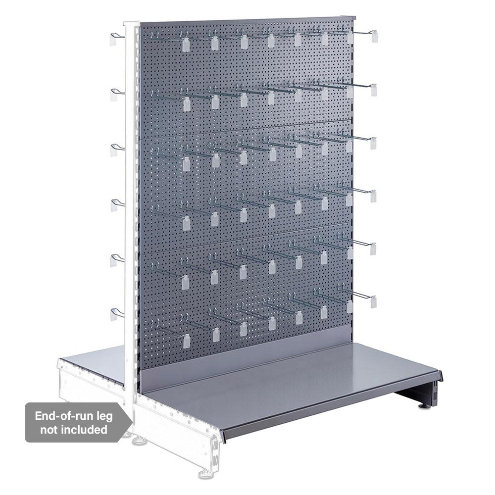 Silver Retail Shelving Modular Gondola Unit - Perforated Back Panels, Euro Hooks, Tickets Holders