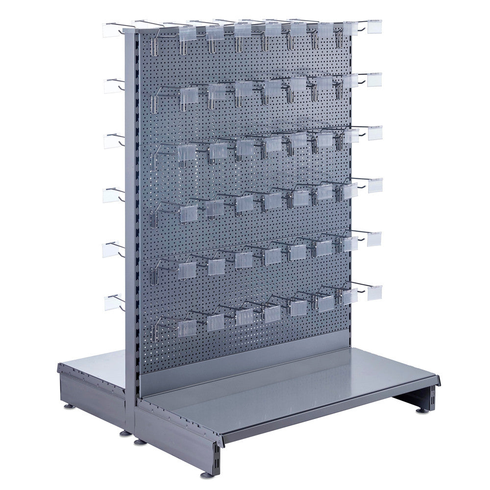 Silver Retail Shelving Modular Gondola Unit - Perforated Back Panels, Single Arms, Tickets Holders
