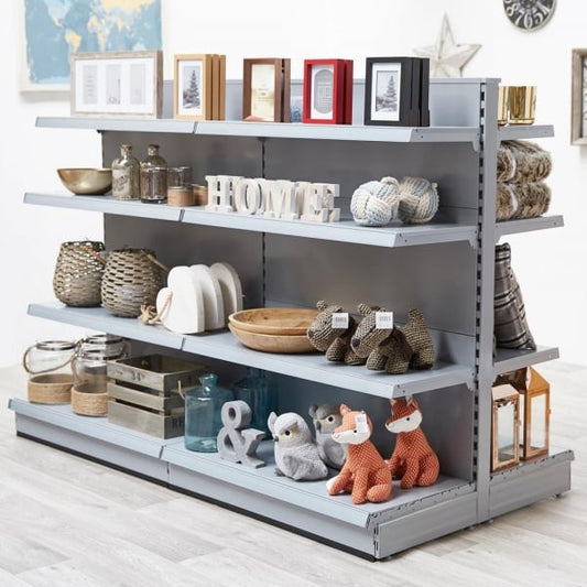 Silver Retail Gondola Shelving - 3 x Bays, 18 x 370mm Shelves
