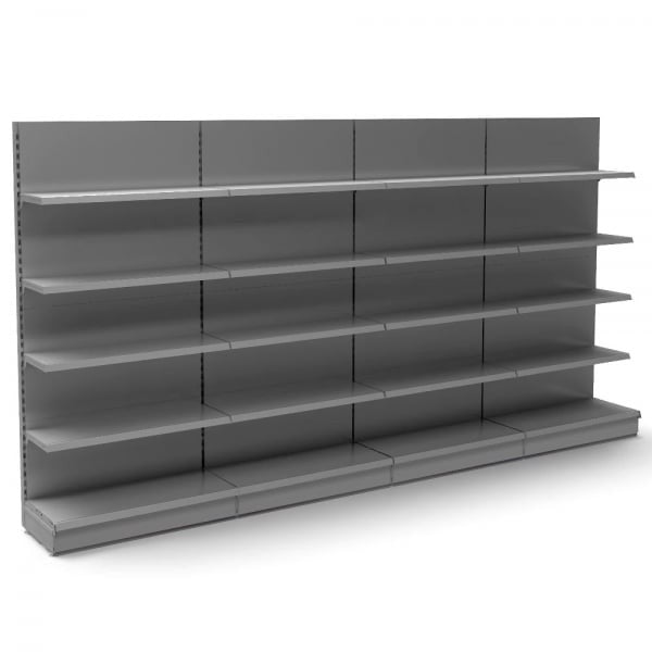 Silver Retail Wall Shelving - 4 Bays - 2100mm High With 470mm Base Shelf