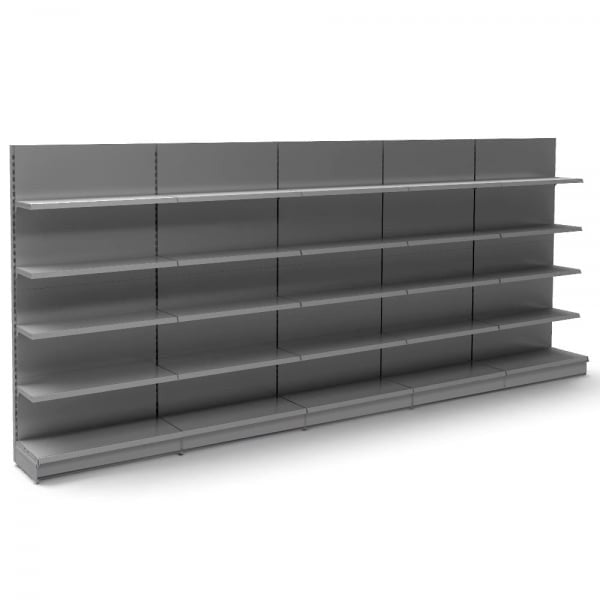 Silver Retail Wall Shelving - 5 Bays - 2100mm High With 470mm Base Shelf