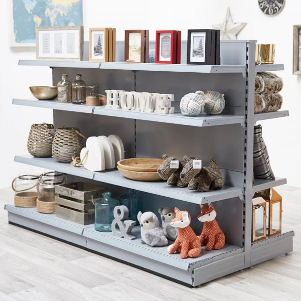 Silver Retail Gondola Shelving - 2 x Bays - 12 x 370mm Shelves