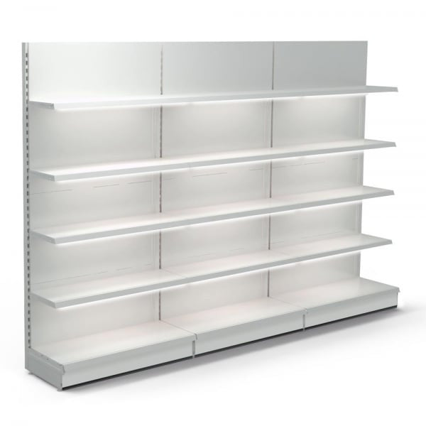 Jura White Retail Wall Shelving with LED Lighting - 3 x H2100 x W1000mm Bays - 12 Shelves
