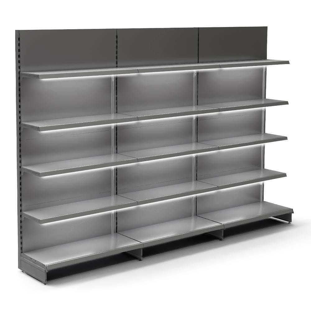 Silver Retail Wall Shelving with LED Lighting - 3 x H2100 x W1000mm Bays - 12 Shelves