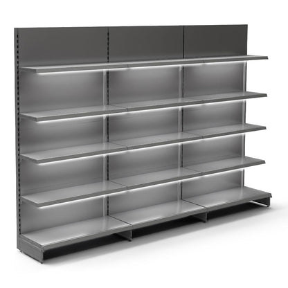 Silver Retail Wall Shelving with LED Lighting - 3 x H2100 x W1000mm Bays - 12 Shelves