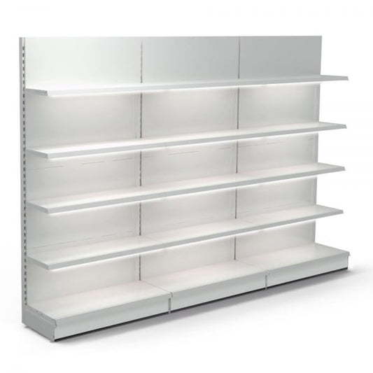 Jura White Retail Wall Shelving with LED Lighting - 3 x H1800 x W1000mm Bays - 12 Shelves