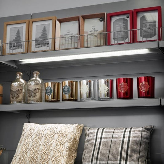 Silver Retail Wall Shelving with LED Lighting - 3 x H2100 x W1250mm Bays - 12 Shelves