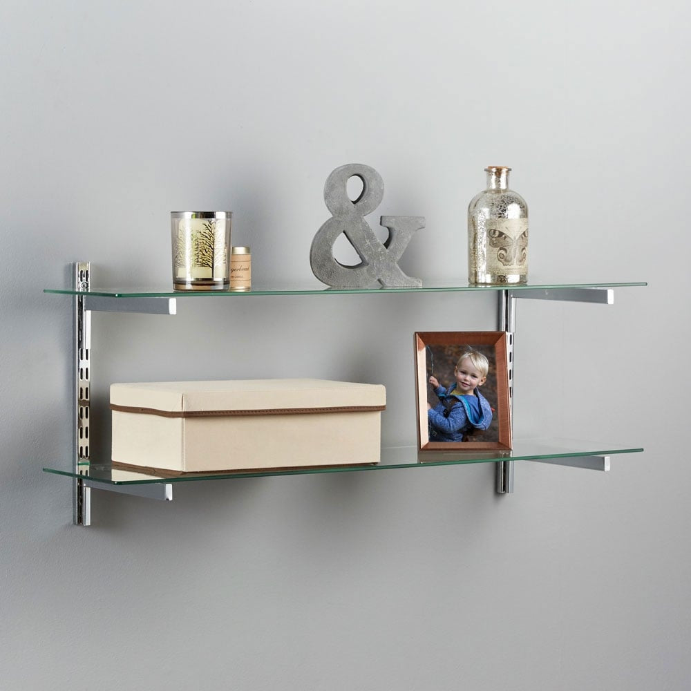 Chrome & Glass Twin Slot Shelving Kit - D250mm - 2 Shelves, 4 Square Brackets