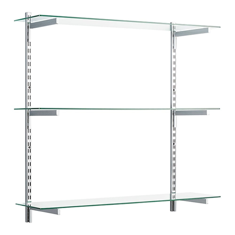 Chrome & Glass Twin Slot Shelving Kit - D250mm - 3 Shelves, 6 Square Brackets