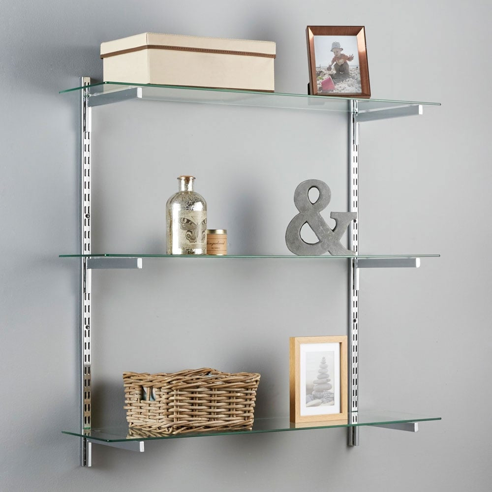 Chrome & Glass Twin Slot Shelving Kit - D300mm - 3 Shelves, 6 Square Brackets