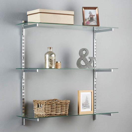 Chrome & Glass Twin Slot Shelving Kit - D300mm - 3 Shelves, 6 Square Brackets